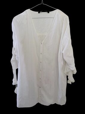 Zara Lightweight White Oversized Button-Front Peasant Blouse V Neck Women’s XL